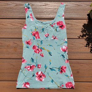 Express Pink Floral Green Tank Top Shelf Bra Poppy Shirt Casual Preppy Pastel XS